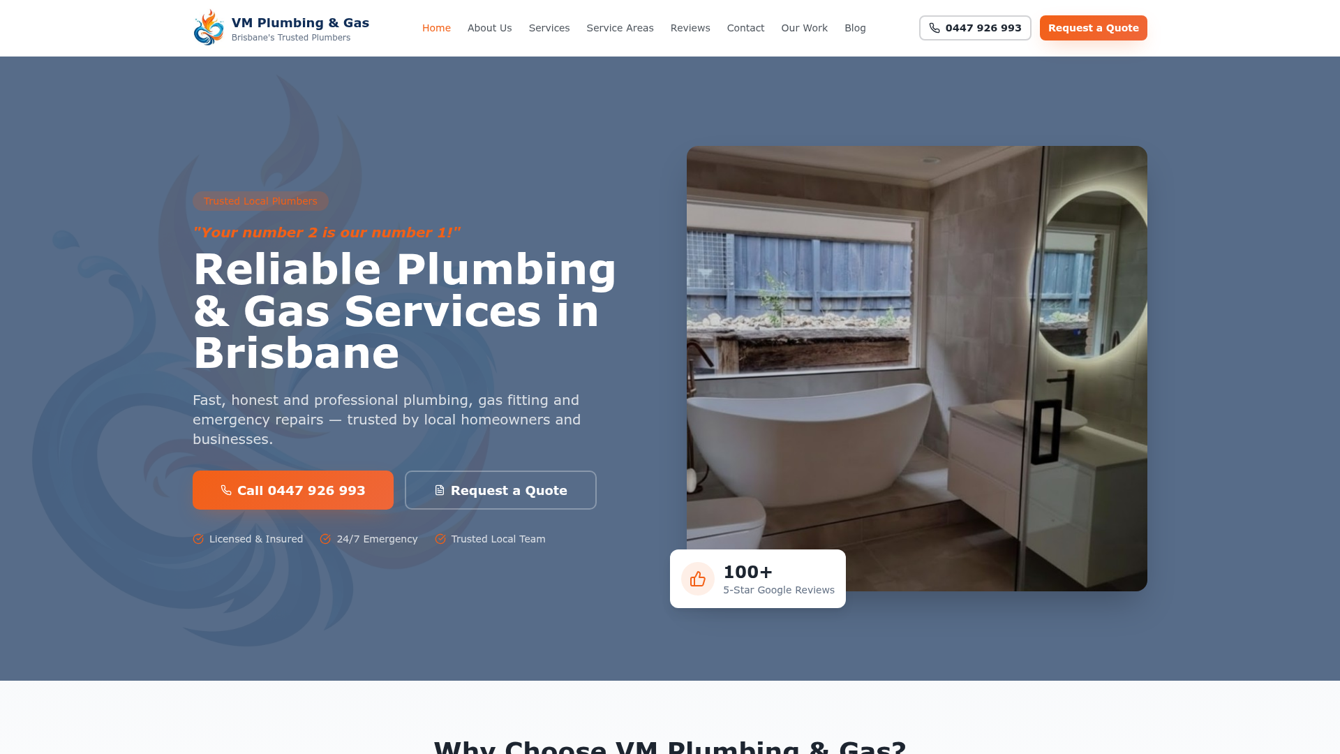 VM Plumbing website screenshot